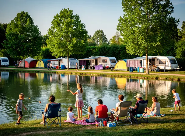 Outdoor campsite activity in Yonne, France, families enjoying a camping area near a lake, tents and caravans in the background, warm natural daylight, relaxed and authentic atmosphere, realistic photography, high resolution
