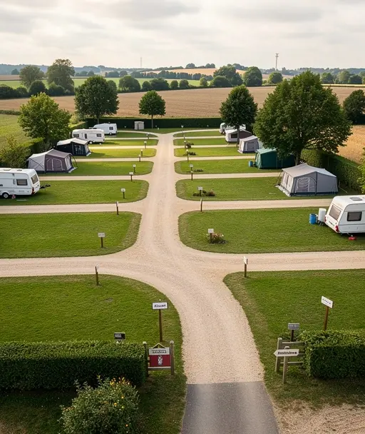 Organized campsite layout in Yonne, France, marked camping pitches on grass, clear pathways and signage, calm atmosphere, soft daylight, realistic photography, high resolution
