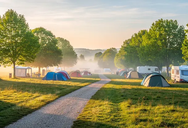 Wide landscape photo of a campsite in Yonne, France, with green trees, camping tents and caravans, soft morning light, peaceful atmosphere, natural colors, high resolution, realistic photography
