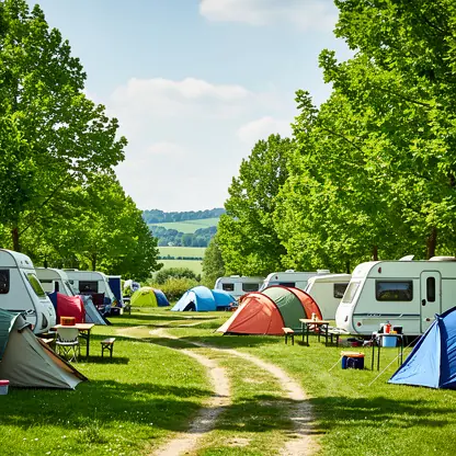 Well organized campsite in Yonne, France, tents and caravans on green grass, trees around, clear sky, peaceful and natural atmosphere, realistic photography, high resolution
