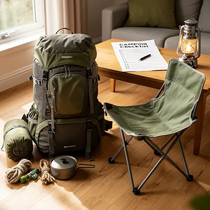 Camping preparation scene indoors with camping gear neatly arranged, backpack, lantern, folding chairs, camping checklist on table, soft natural light, realistic photography, high resolution
