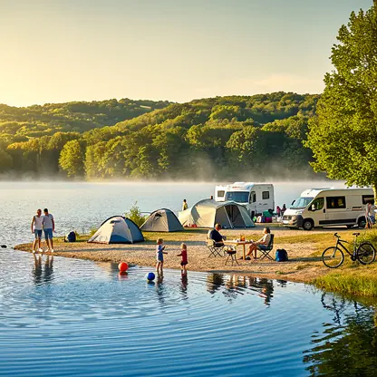 Scenic lake in Yonne, France, people enjoying outdoor activities near a campsite, forest in the background, warm daylight, authentic and peaceful mood, realistic photography, high resolution
