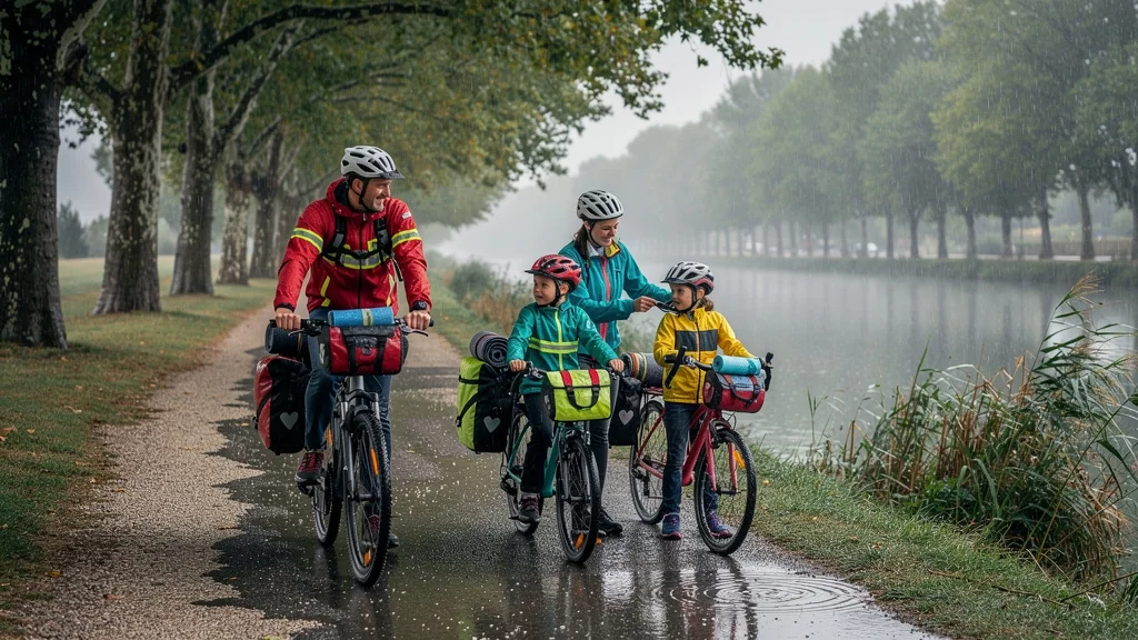 Famille en vélo-camping sous la pluie le long du Canal du Midi sur un itinéraire de 80 km en 3 jours