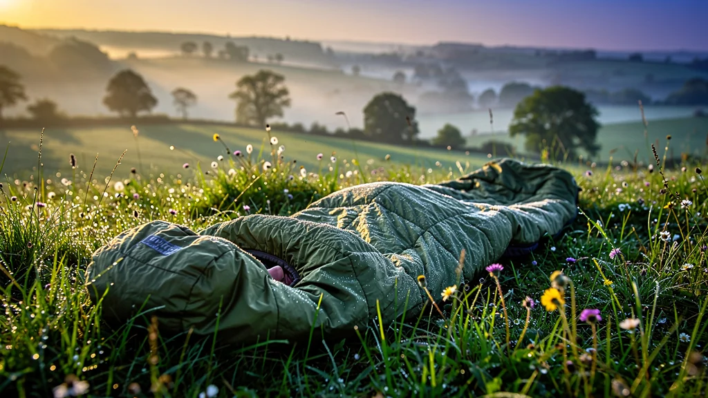Sac de couchage humide laissé dehors une nuit de rosée dans la campagne de l’Yonne au petit matin