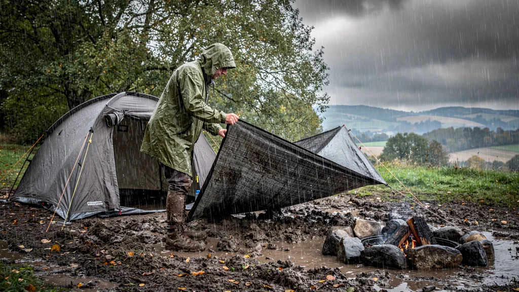 Camping en basse saison dans l'Yonne sous la pluie avec bâche pour éviter la boue collante