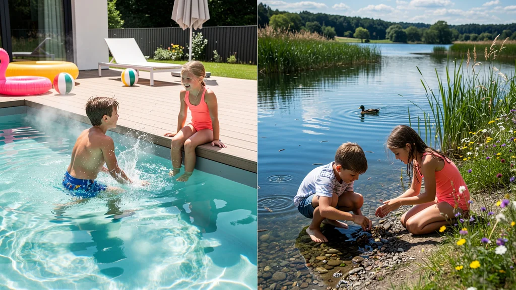 Comparaison enfants 8-12 ans piscine chauffée moderne et lac naturel pour camping test