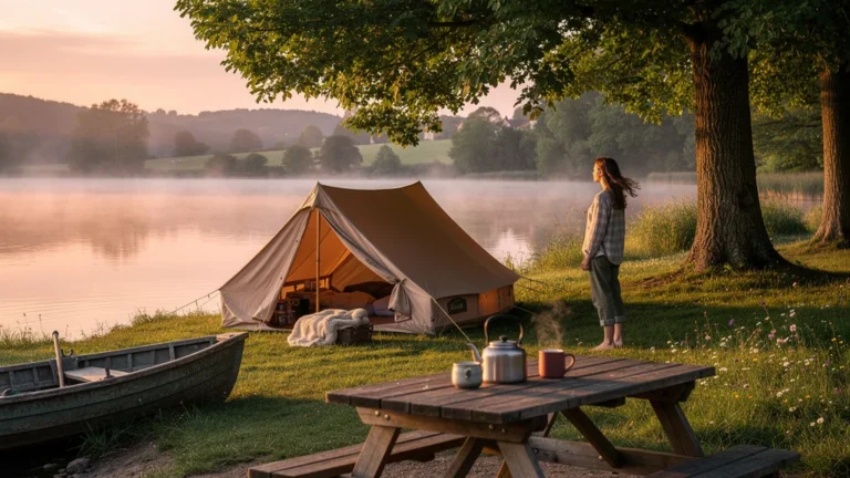Camping au bord du lac du Bourdon près de Saint-Fargeau au lever du soleil, ambiance paisible et nature