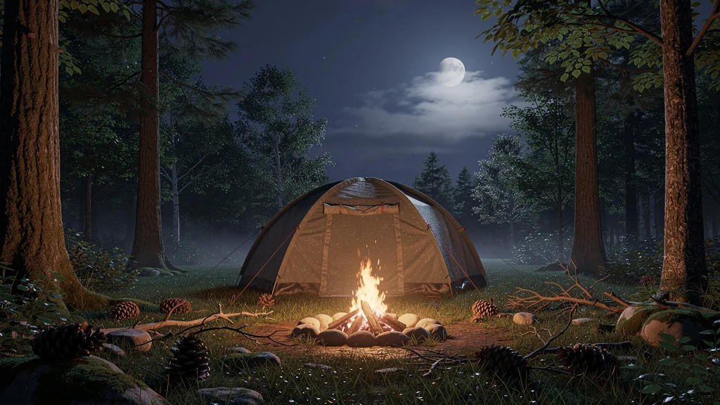 Homme au camping dans l’obscurité totale après pile électrique insuffisante pour lampe frontale