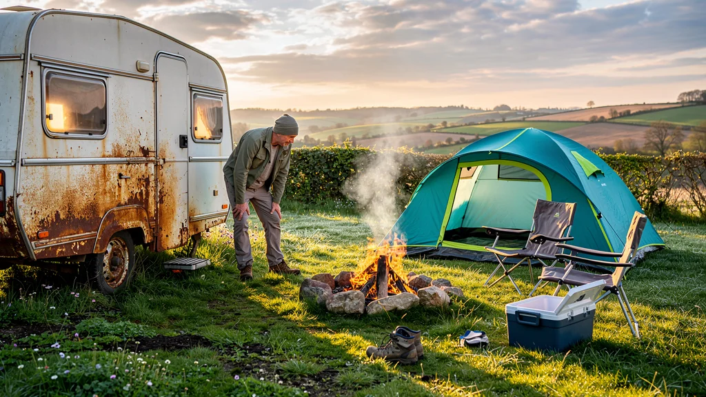 Comparaison photo réaliste de deux campings près d’Auxerre avec corrosion sur roues lors d’un week-end prolongé