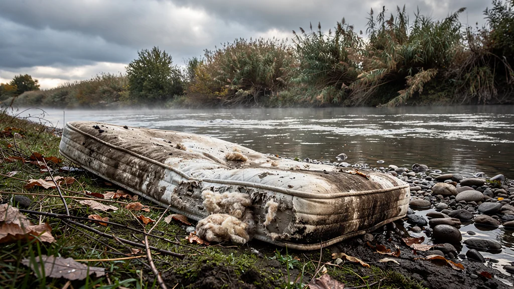 Matelas détruit par humidité au bord de rivière, victime d’une mauvaise évaluation de l’humidité