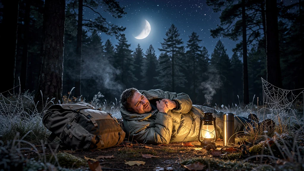 Campeur sous-estimant la fraîcheur nocturne de septembre avec un duvet d'été inadapté en forêt