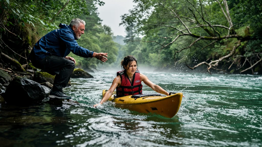 Photo réaliste d’une chavirage en kayak sur la Cure, journée kayak et bain forcé sous ciel nuageux