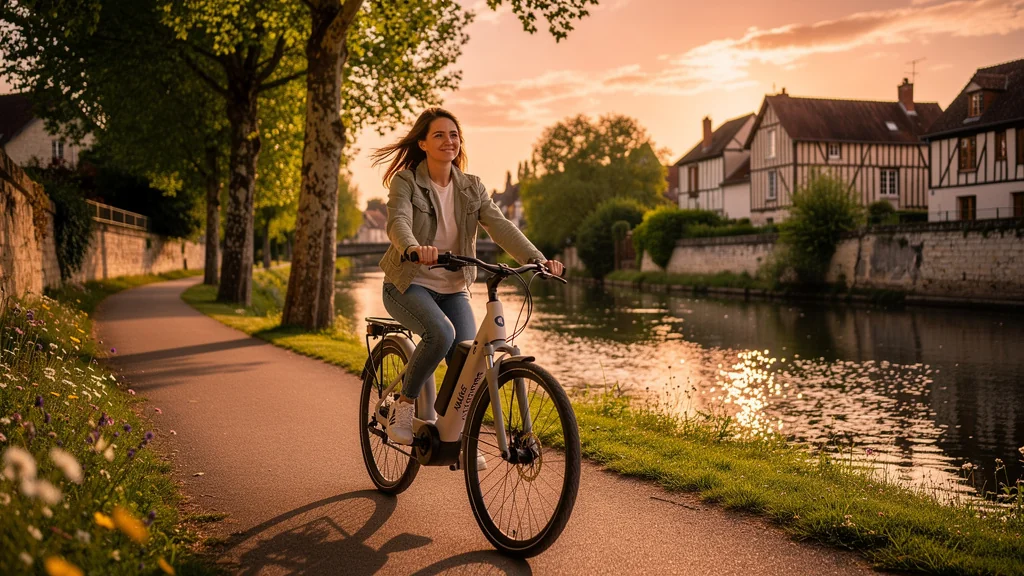 Location de vélo électrique à Auxerre le long du canal au coucher de soleil, ambiance paisible et nature