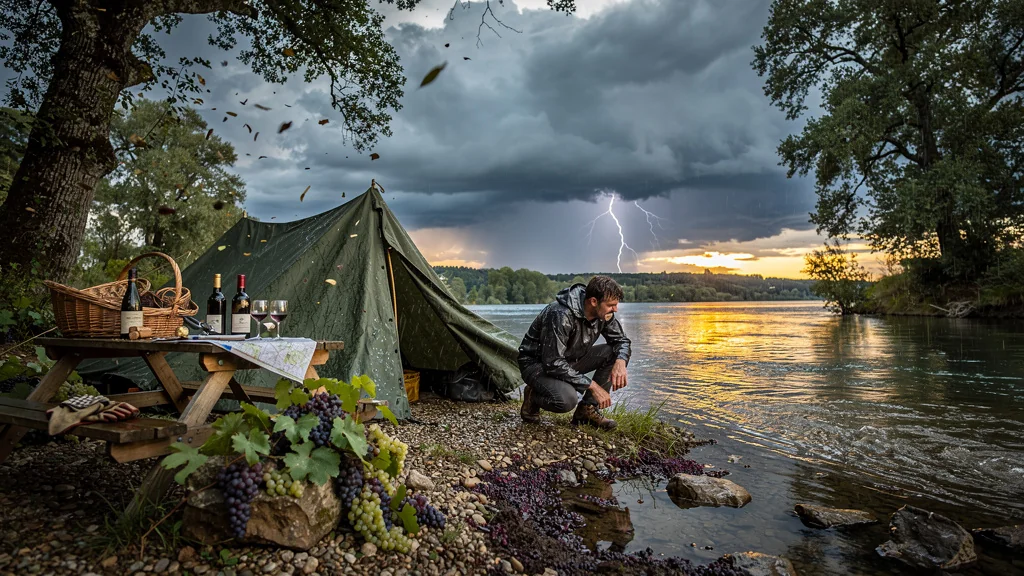 Camping au bord de la rivière à Chablis pendant les vendanges sous un orage menaçant