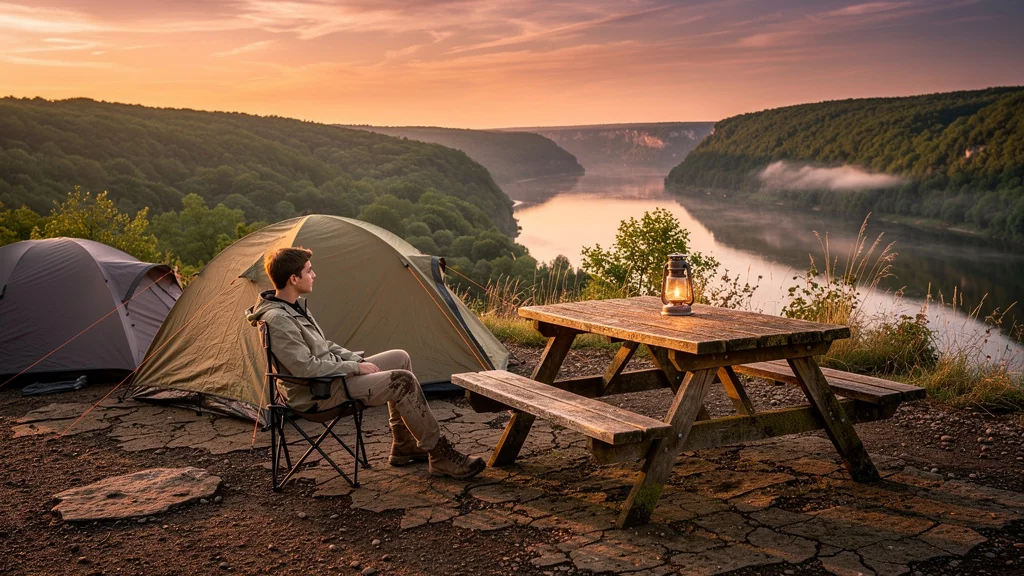 Vue panoramique du camping municipal d’Avallon avec la vallée du Cousin en arrière-plan au coucher du soleil