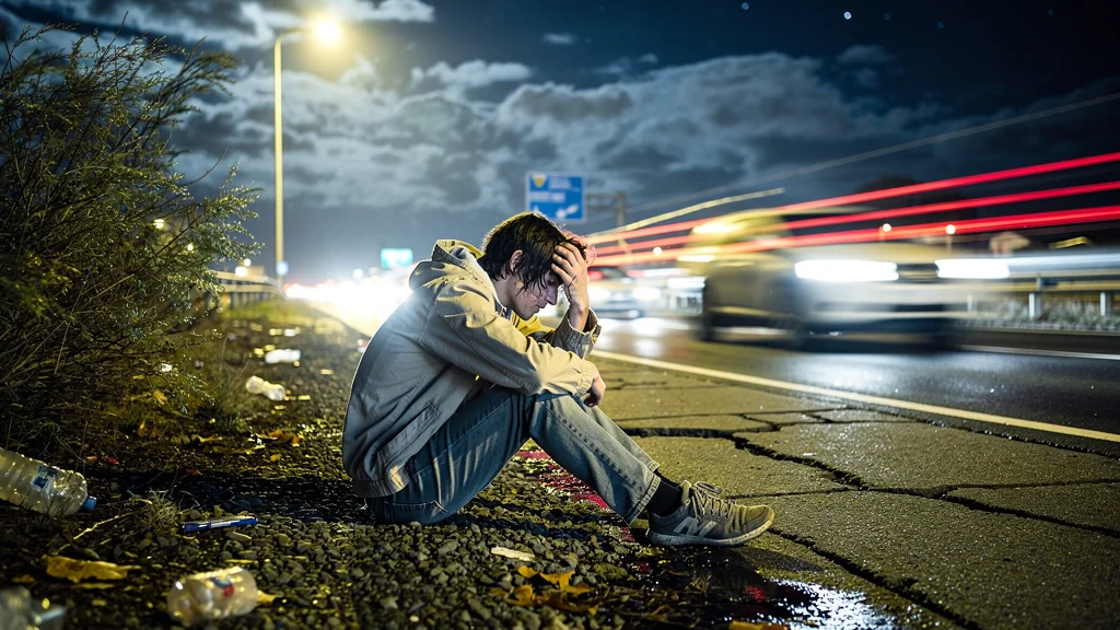 Personne épuisée après deux nuits blanches près de la route, souffrant du mauvais emplacement
