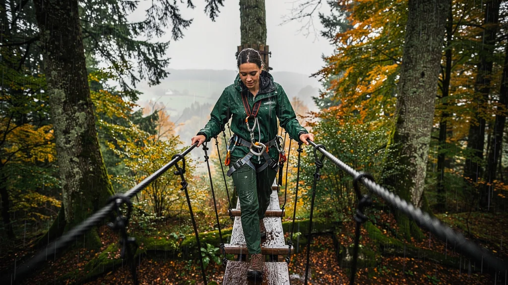 Parcours accrobranche près d'Avallon testé en solo sous la pluie dans une forêt dense et humide
