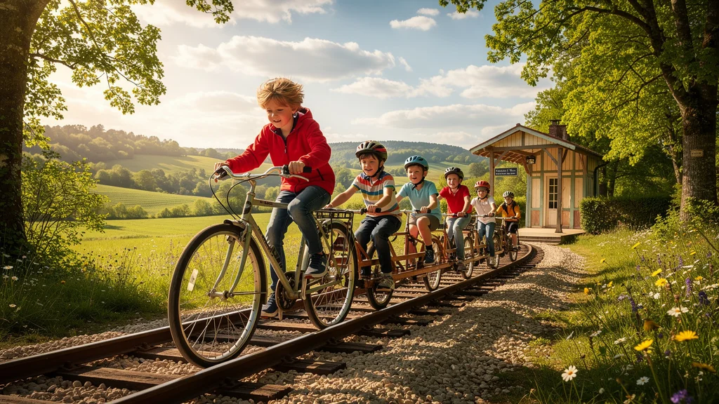 Enfants testant le vélo-rail de l'Yonne un mercredi après-midi sous un soleil d'été