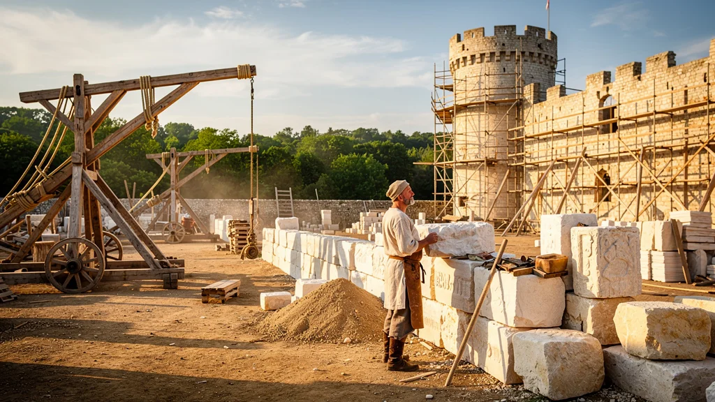Visite du chantier médiéval de Guédelon un jour de semaine désert avec artisan et château en construction