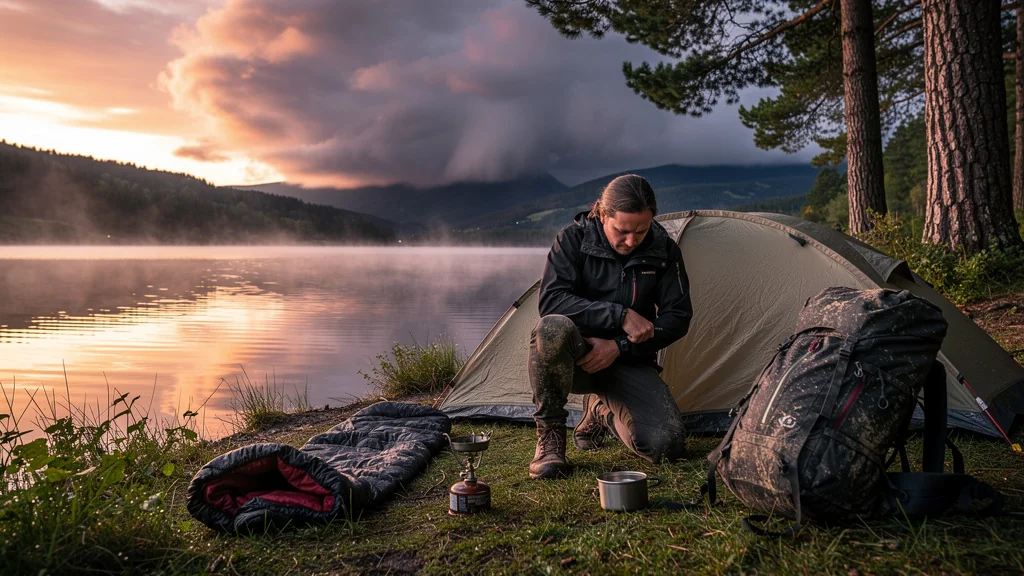 Bivouac au bord du lac de Pannecière au crépuscule avec préparation sous ciel menaçant