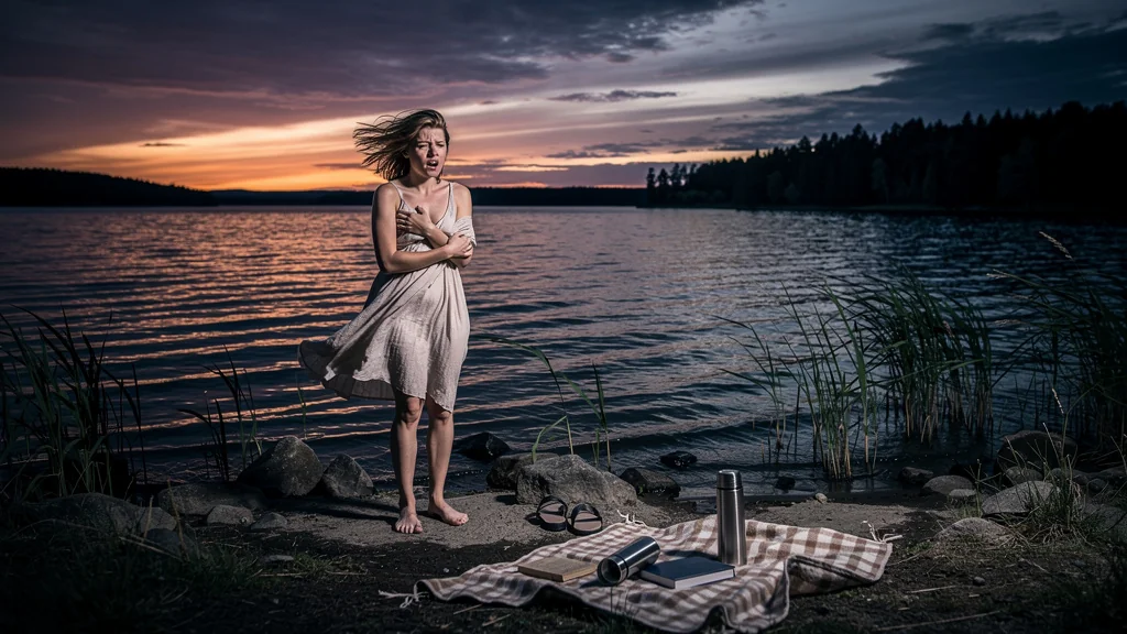 Soirée au bord du lac gâchée par l'oubli du pare-vent, ambiance venteuse et froide au coucher du soleil