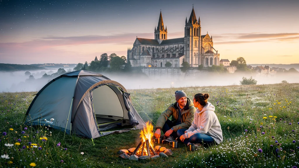 Camping au lever du soleil près de Vézelay avec la basilique en arrière-plan, moment paisible et naturel