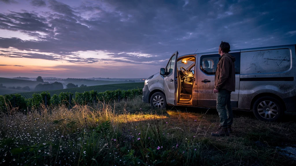 Nuit en van sauvage à Chablis en août, paysage authentique et ambiance paisible sous ciel crépusculaire