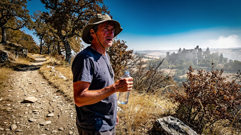 Hiker struggling with little water under intense heat near Avallon on a scorching summer day