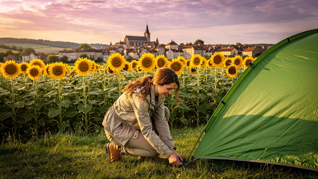 Tente plantée près d’un champ de tournesols à Joigny au coucher du soleil en pleine nature