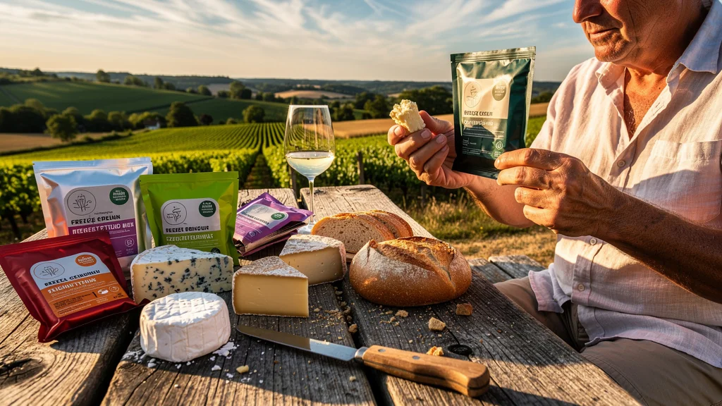 Comparaison photoréaliste plats lyophilisés et fromages locaux en plein soleil en Yonne