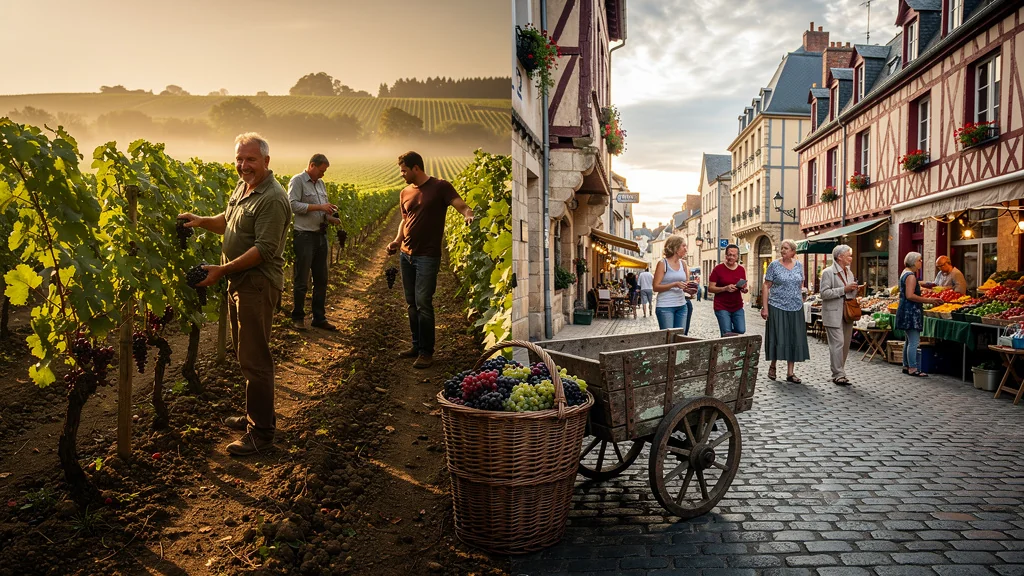Scène réaliste de la pleine saison à Chablis et Auxerre, contraste entre vendanges et vie urbaine paisible