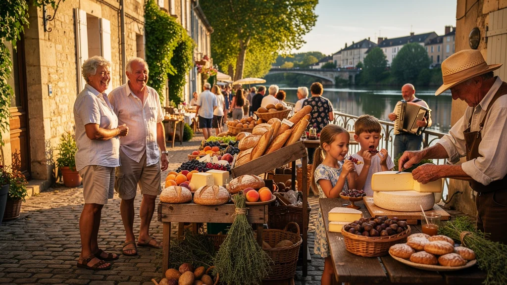 Marché animé en plein air dans l’Yonne en août, ambiance gourmande et conviviale sous un soleil doré