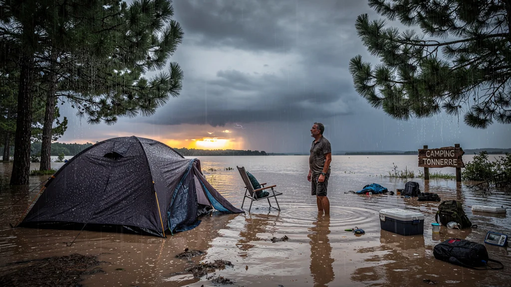 Inondation au camping de Tonnerre après un orage, tente et homme sous une lumière dramatique