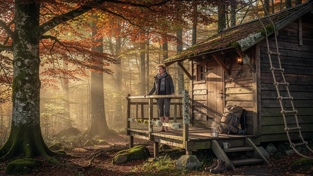 Cabane perchée dans le Morvan en automne, ambiance nature et aventure en forêt verdoyante