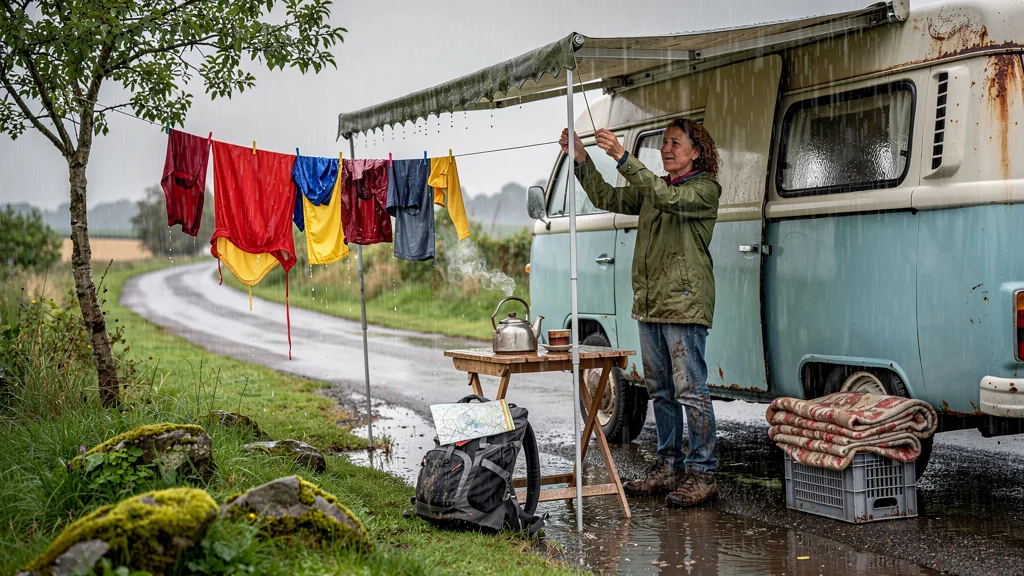 Van vintage sous la pluie dans l’Yonne, adaptations improvisées lors d’un week-end pluvieux en pleine nature