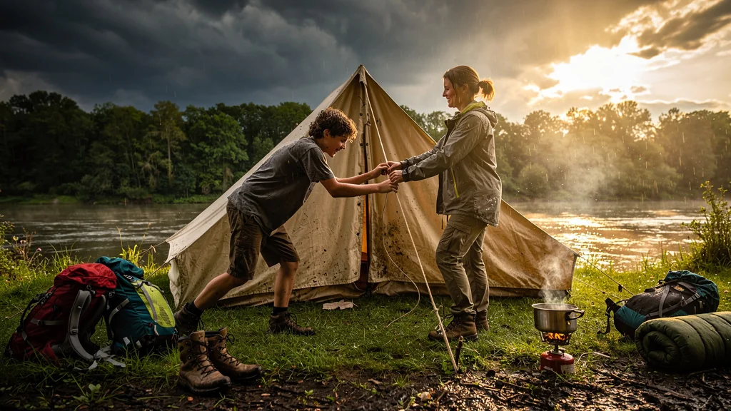 Famille en camping dans l'Yonne avec deux ados après un orage, organisation familiale en pleine nature