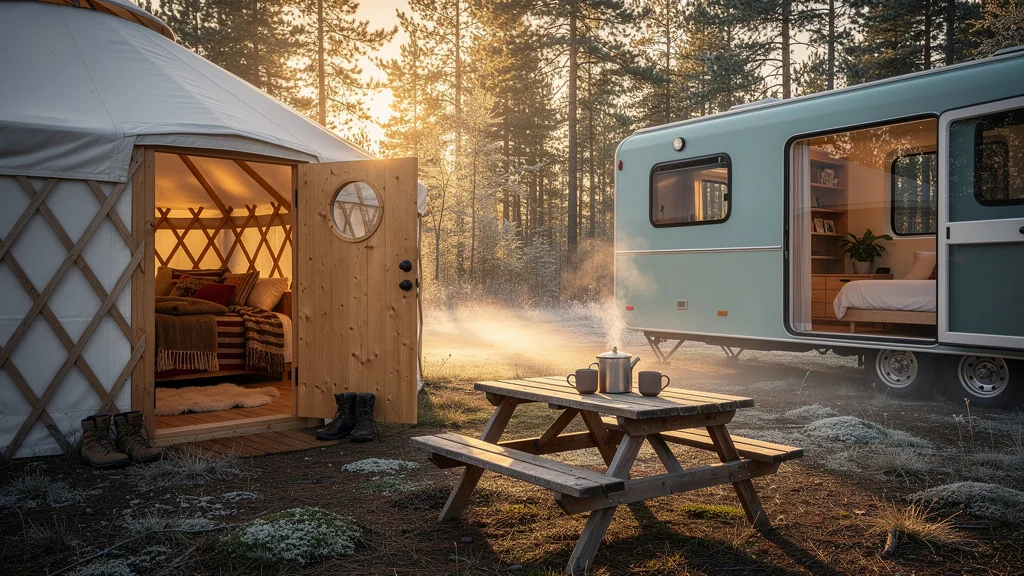 Premier matin en yourte et mobil-home pour un couple, ambiance cosy et nature paisible recommandée