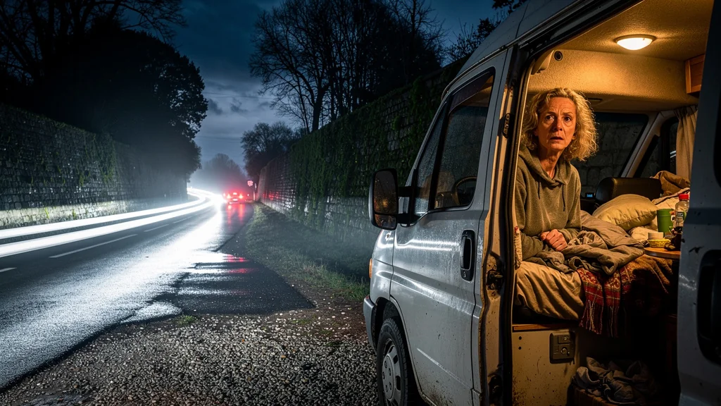 Campement près de la route à Toucy privant de sommeil, femme fatiguée dans un van la nuit