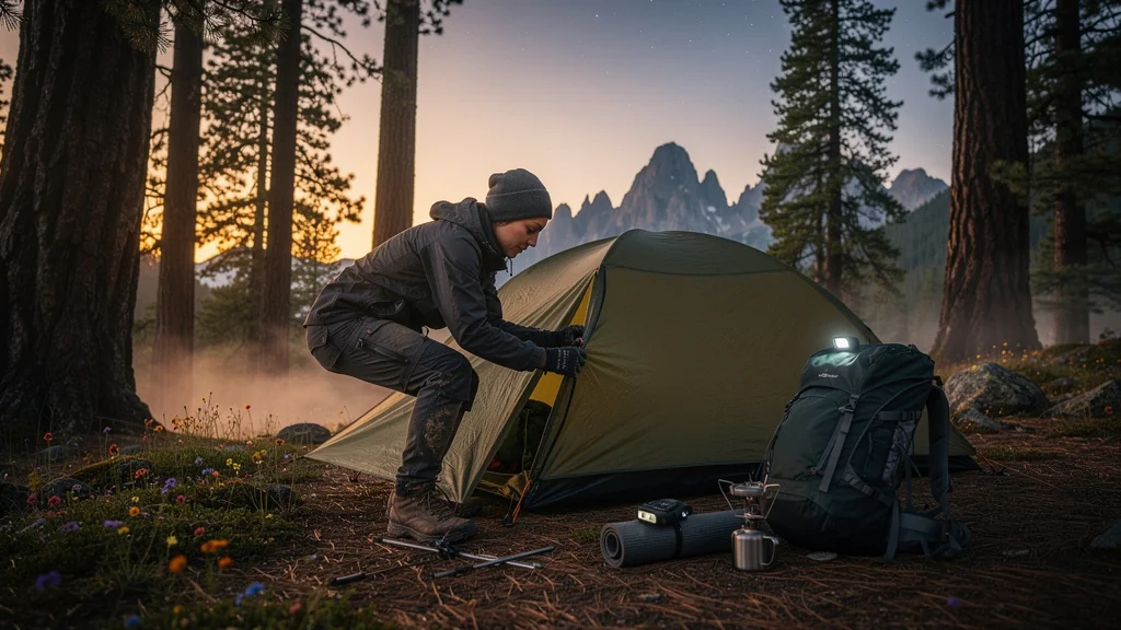 Femme installant seule son bivouac en forêt sur cinq soirs consécutifs, installation chronométrée