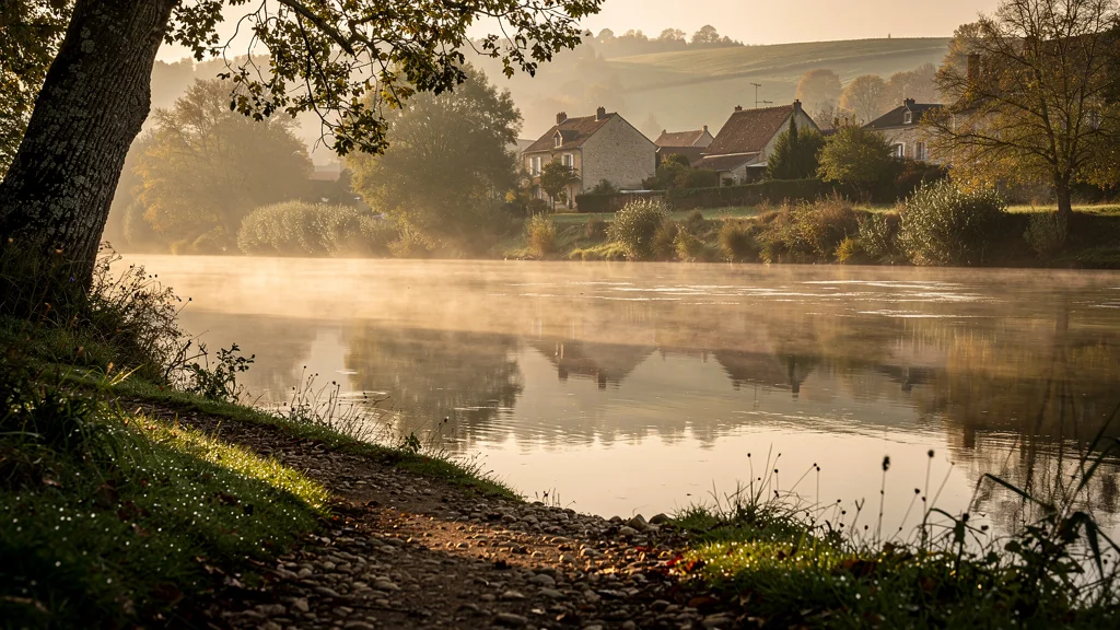 Berges désertes et paisibles du Yonne à Coulanges-sur-Yonne au lever du jour, ambiance calme et naturelle
