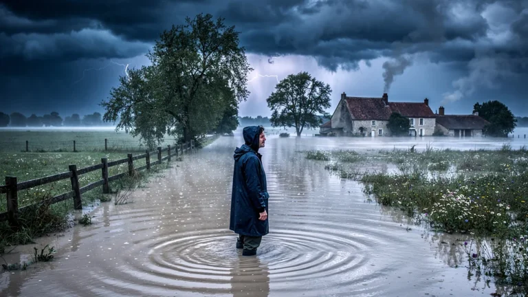 Paysage inondé en Puisaye après un orage violent avec ciel orageux et route noyée