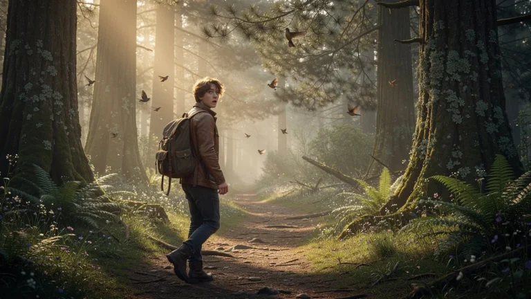 Matin dans la forêt d'Othe avec lumière dorée et personnage retardé, ambiance naturelle et réaliste