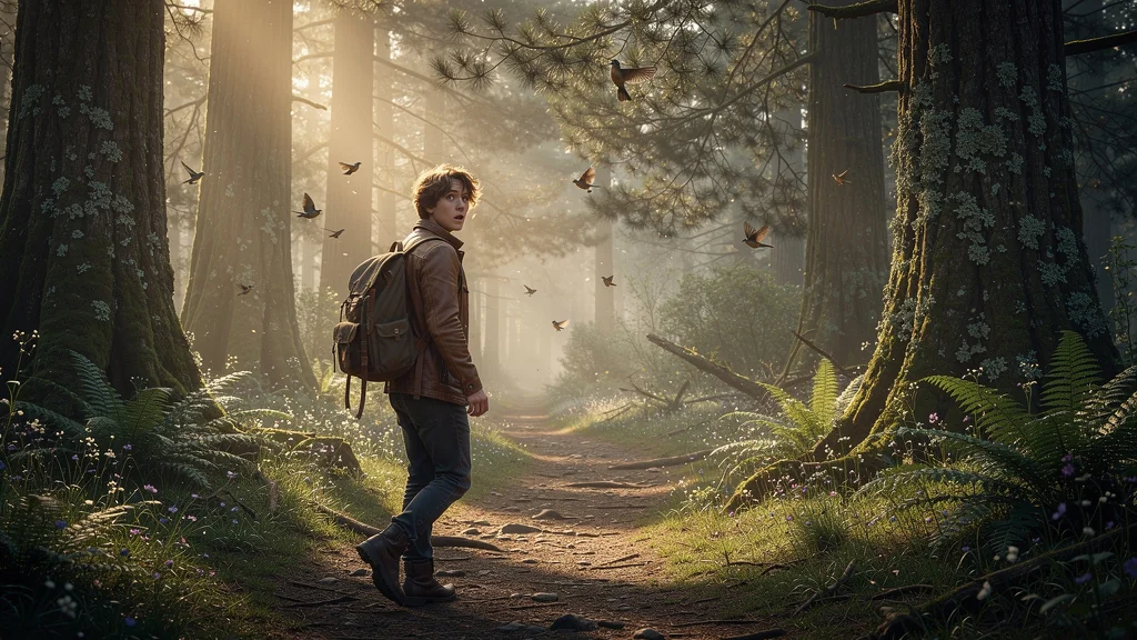 Matin dans la forêt d'Othe avec lumière dorée et personnage retardé, ambiance naturelle et réaliste