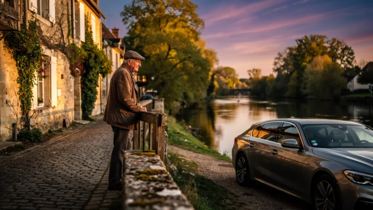 Voiture garée près de l’Armançon au crépuscule avec un riverain observant dans un village français