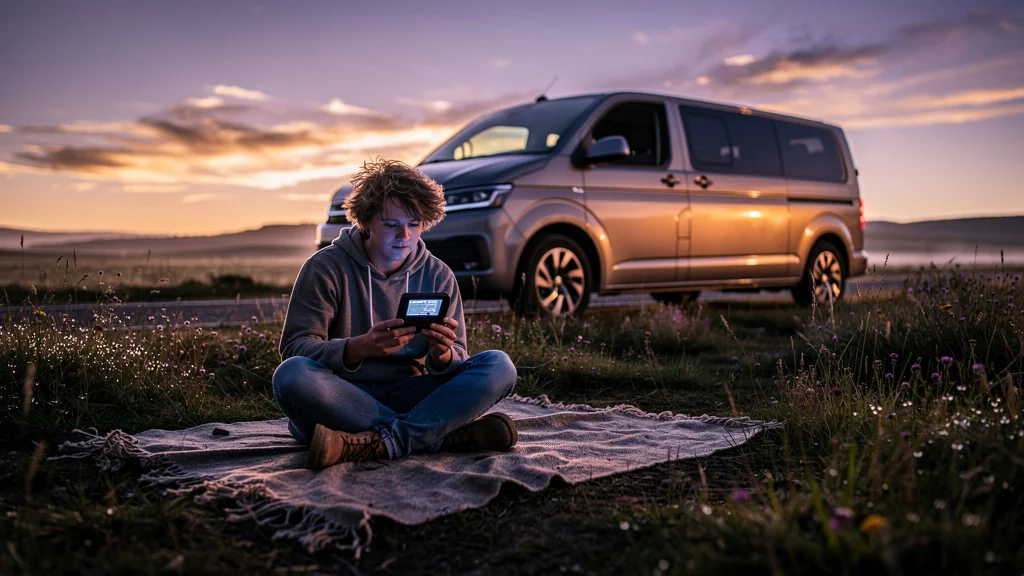 Van sans branchement au coucher de soleil avec une personne observant sa batterie, symbole d'autonomie en solo
