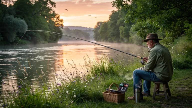 Pêche paisible au bord de l'Armançon en fin d'après-midi, ambiance calme et nature luxuriante