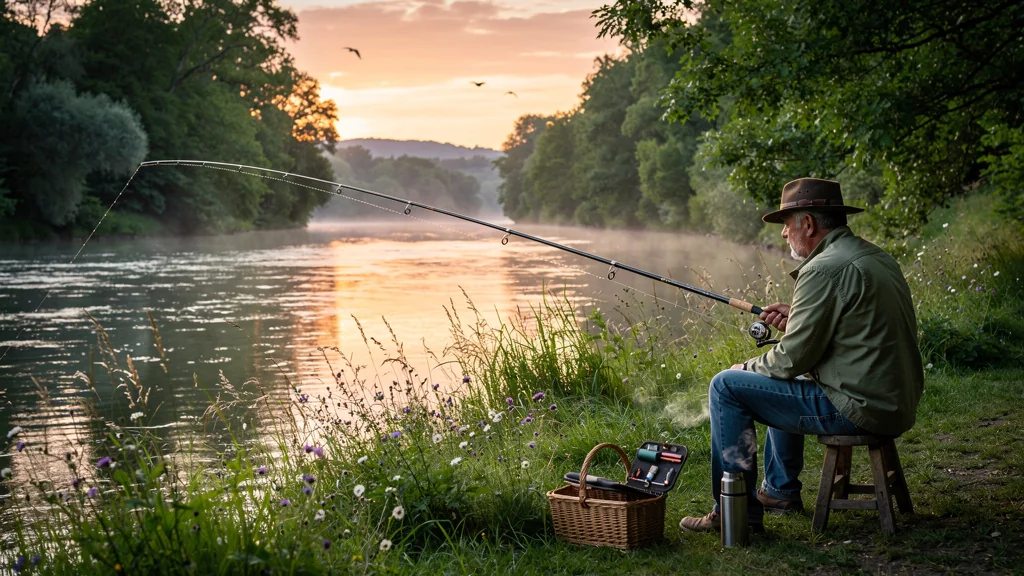 Pêche paisible au bord de l'Armançon en fin d'après-midi, ambiance calme et nature luxuriante