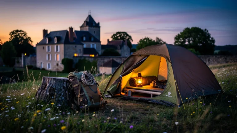 Campement en tente près de Druyes-Les-Belles-Fontaines un soir d'août, paysage naturel paisible et lumineux