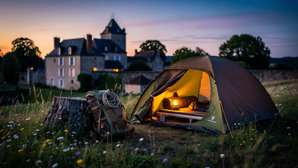 Campement en tente près de Druyes-Les-Belles-Fontaines un soir d'août, paysage naturel paisible et lumineux