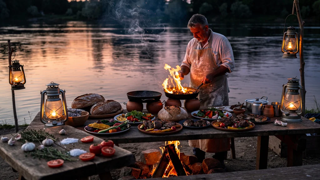 Cuisine au feu de bois au bord de l’Yonne, chef préparant un repas authentique en plein air